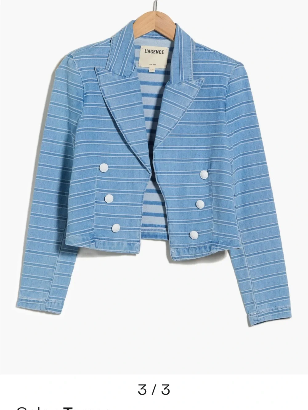 New L'AGENCE Blue Striped Cropped Double-Breasted Jacket Blazer